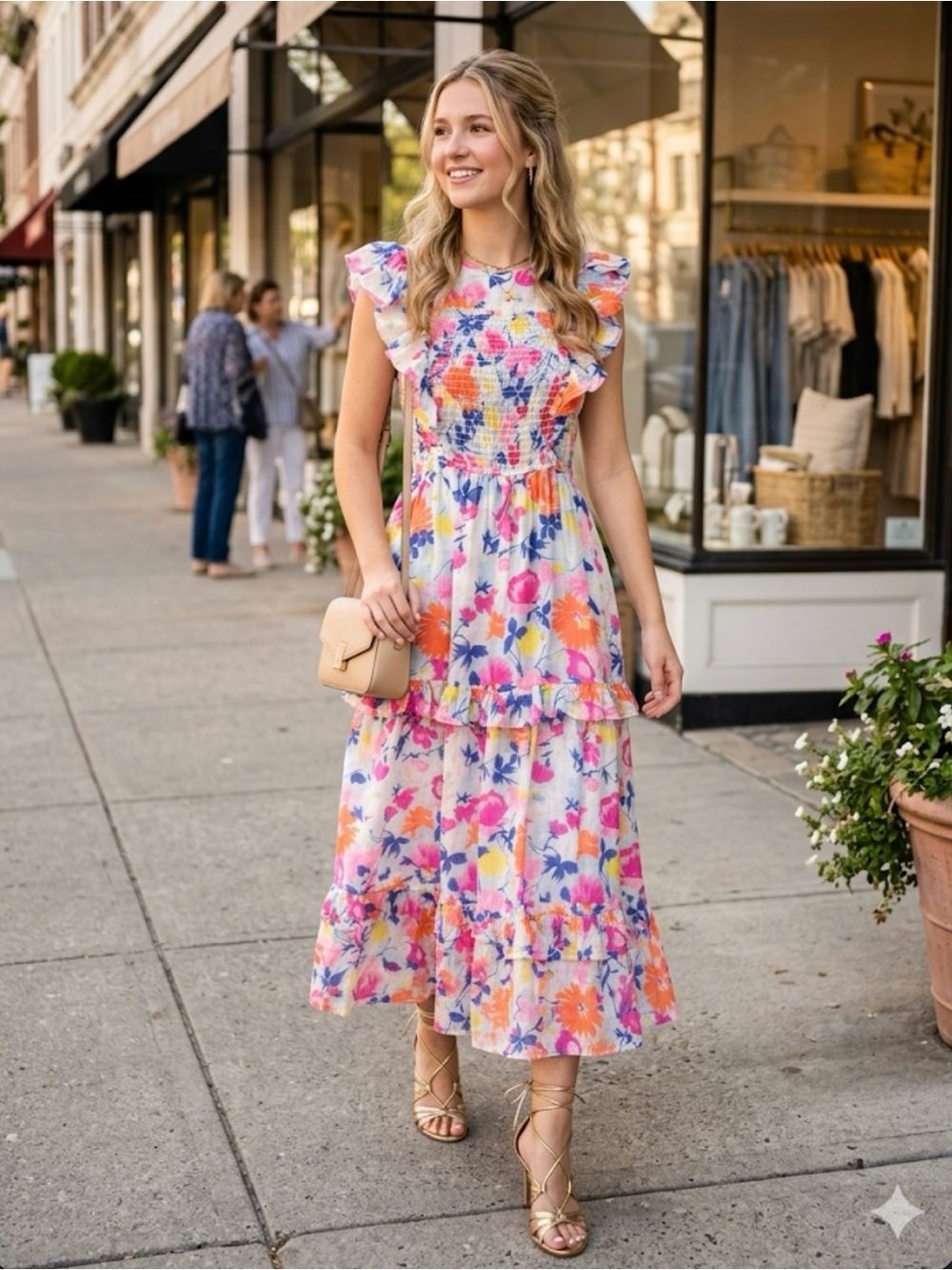 Banjanan Iris Floral Maxi Dress XS Smocked Cotton Tiered Boho Spring Pockets